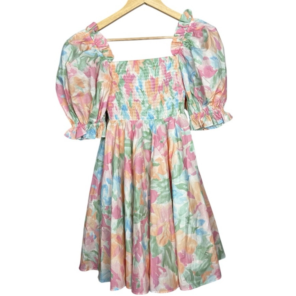 Selkie Pink and Blue Puff Sleeve Sundress with Square Neck - Picture 2 of 5